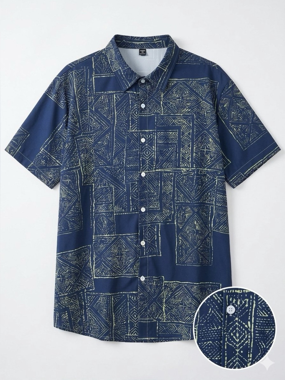 Manfinity Men's Navy Patterned Short-Sleeve Button-Up Shirt 5XL